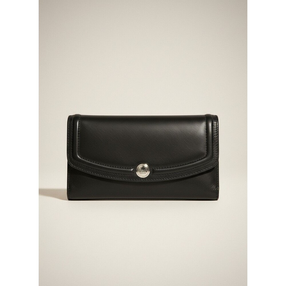 Coach Black Leather Large Trifold Wallet Clutch Button Snap